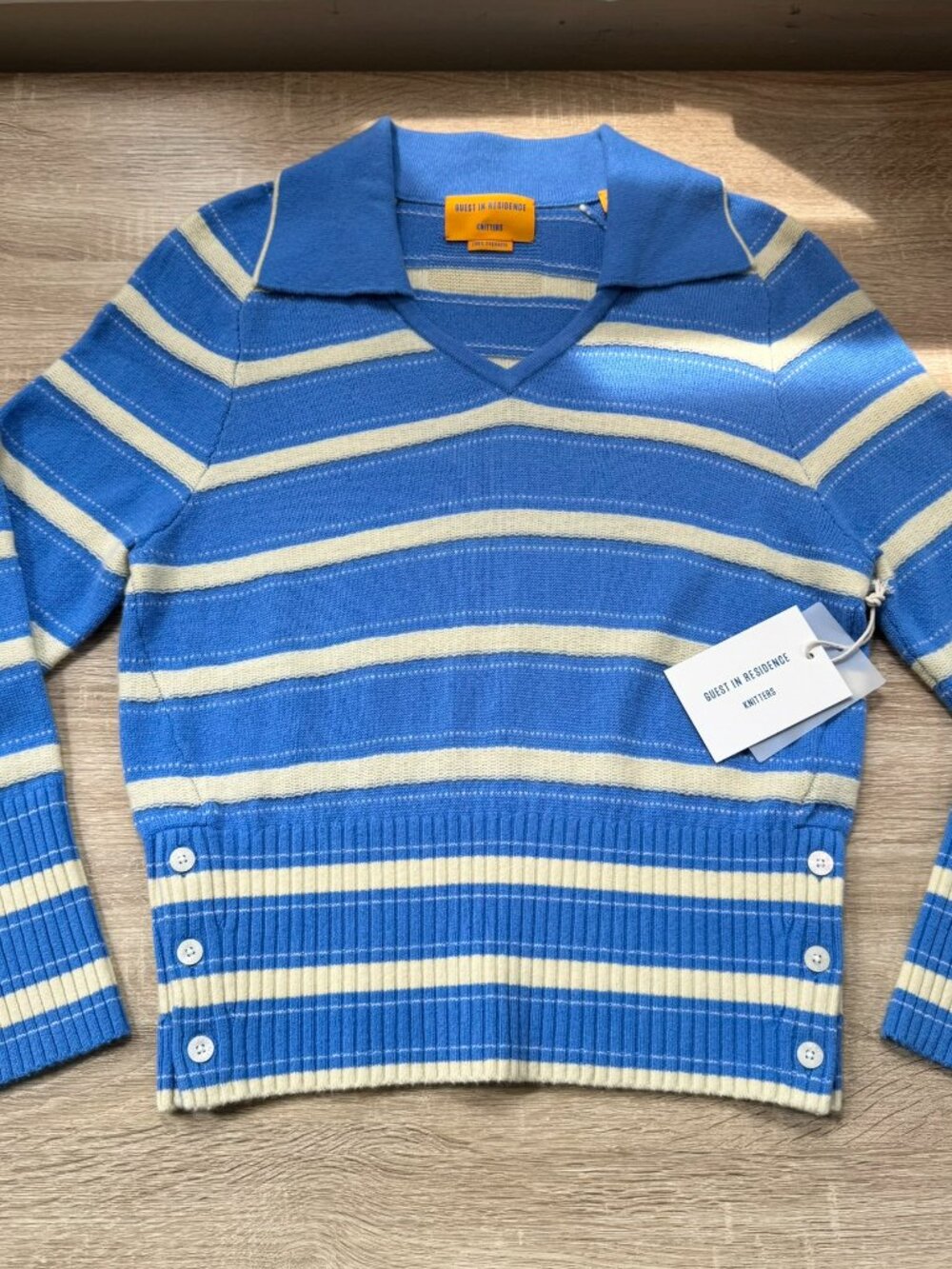 NWT Guest in Residence Port Stripe Cashmere Polo Sweater Blue Cream